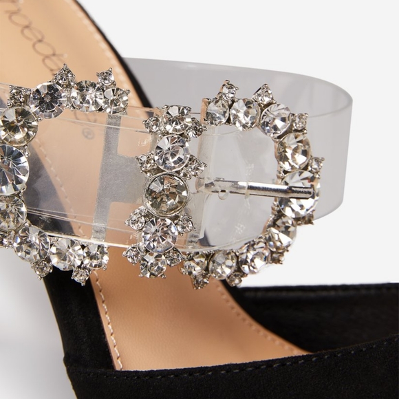 #NWT-SIZE 10 BLACK FAUX SUEDE POINTED TOE CLEAR STRAP STILETTO HEEL - Picture 3 of 8